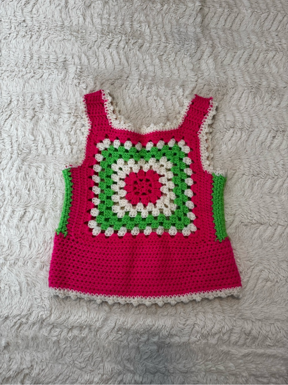 Vintage 70s Handmade Granny Square Crochet Sweater Vest XS/S Pink pink green